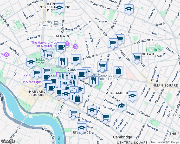 map of restaurants, bars, coffee shops, grocery stores, and more near in Cambridge