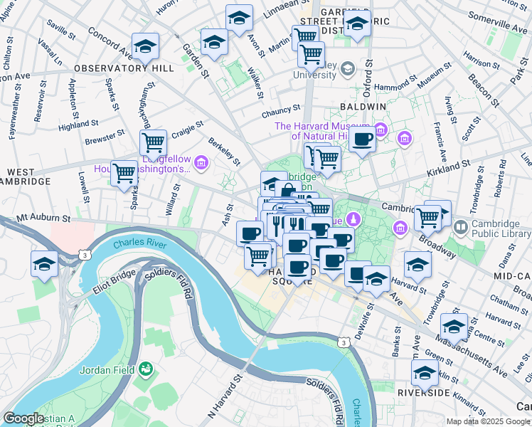 map of restaurants, bars, coffee shops, grocery stores, and more near 64 Brattle Street in Cambridge