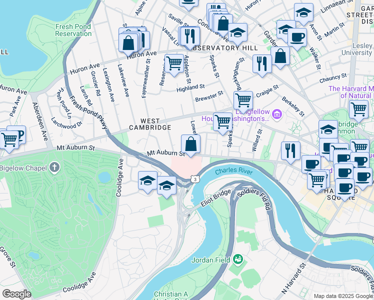 map of restaurants, bars, coffee shops, grocery stores, and more near 313 Mount Auburn Street in Cambridge
