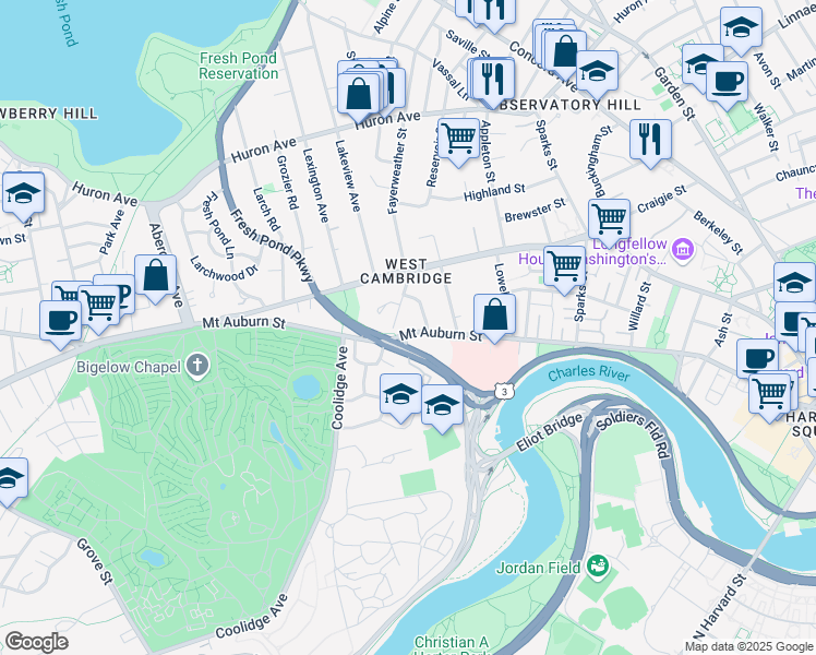 map of restaurants, bars, coffee shops, grocery stores, and more near 393 Mount Auburn Street in Cambridge