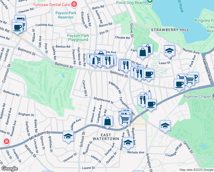 map of restaurants, bars, coffee shops, grocery stores, and more near 129 Hillside Road in Watertown