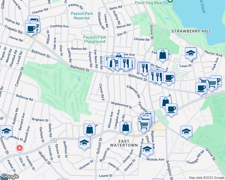 map of restaurants, bars, coffee shops, grocery stores, and more near 121 Winsor Avenue in Watertown