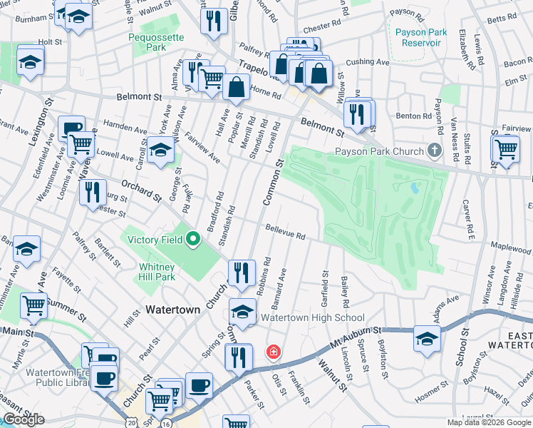 map of restaurants, bars, coffee shops, grocery stores, and more near 141 Robbins Road in Watertown