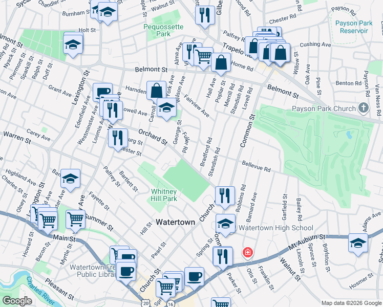 map of restaurants, bars, coffee shops, grocery stores, and more near 19 Channing Road in Watertown