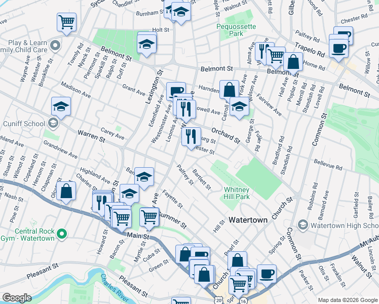 map of restaurants, bars, coffee shops, grocery stores, and more near 41 Quincy Street in Watertown