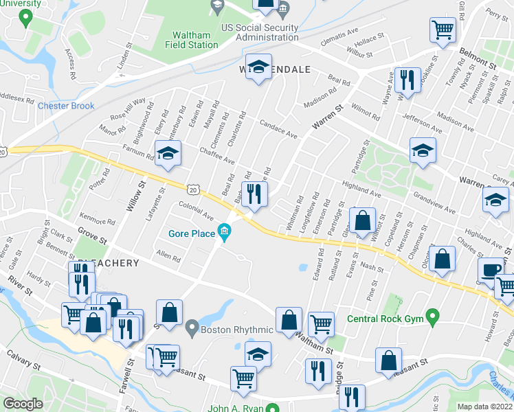 map of restaurants, bars, coffee shops, grocery stores, and more near 21 Warren Street in Waltham