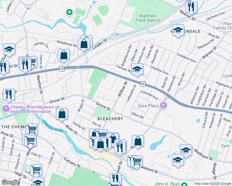 map of restaurants, bars, coffee shops, grocery stores, and more near 53 Willow Street in Waltham