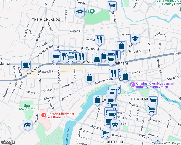 map of restaurants, bars, coffee shops, grocery stores, and more near 85 Charles Street in Waltham