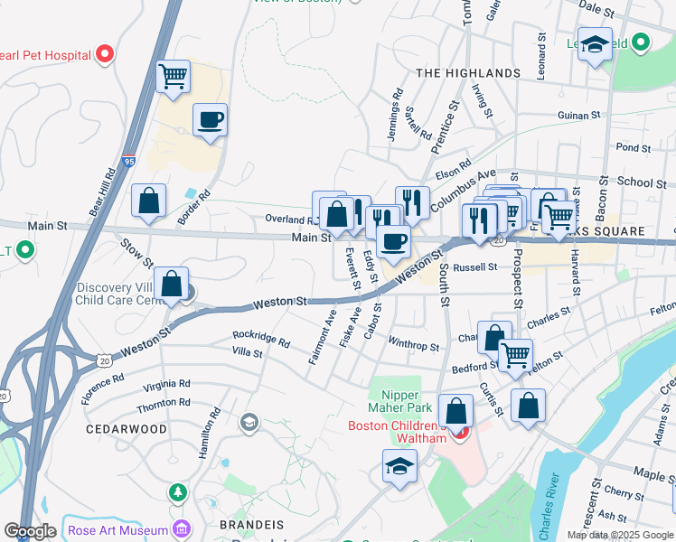 map of restaurants, bars, coffee shops, grocery stores, and more near 60 Nathan Road in Waltham