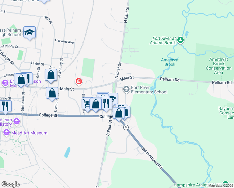 map of restaurants, bars, coffee shops, grocery stores, and more near 68 South East Street in Amherst