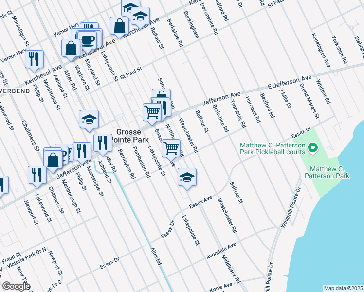 map of restaurants, bars, coffee shops, grocery stores, and more near 909 Westchester Road in Grosse Pointe Park