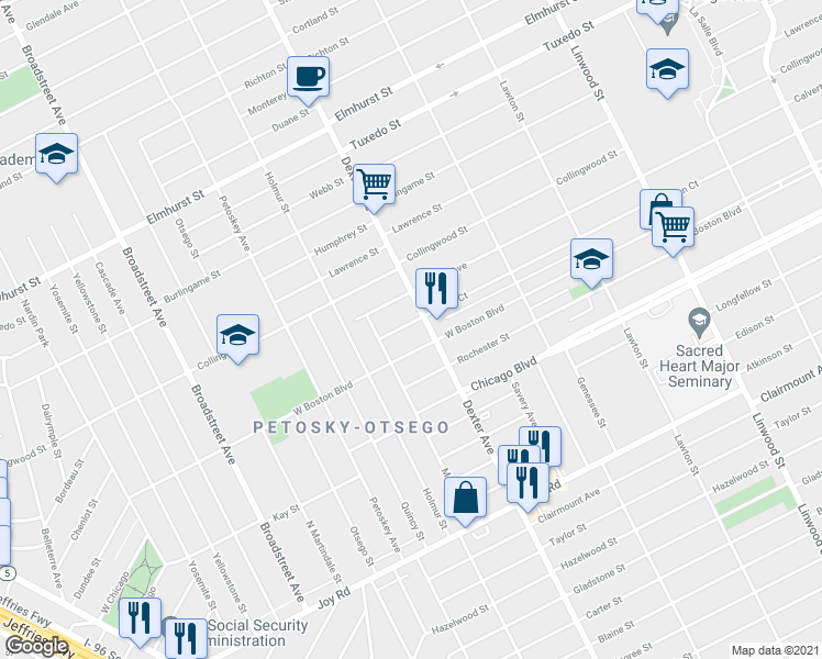 map of restaurants, bars, coffee shops, grocery stores, and more near 3769 Glynn Court in Detroit