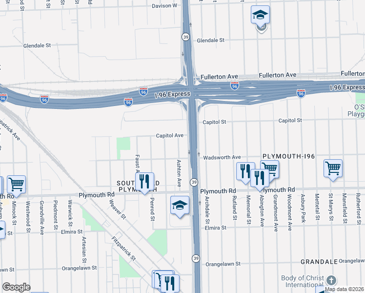 map of restaurants, bars, coffee shops, grocery stores, and more near 12037 Ashton Avenue in Detroit