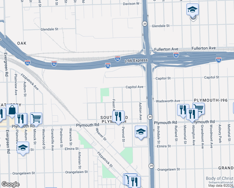 map of restaurants, bars, coffee shops, grocery stores, and more near 12038 Faust Avenue in Detroit