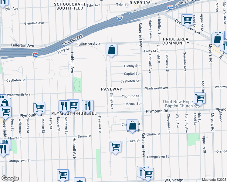 map of restaurants, bars, coffee shops, grocery stores, and more near 13815 Wadsworth Street in Detroit