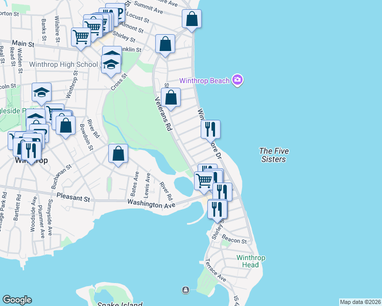 map of restaurants, bars, coffee shops, grocery stores, and more near 386 Shirley Street in Winthrop