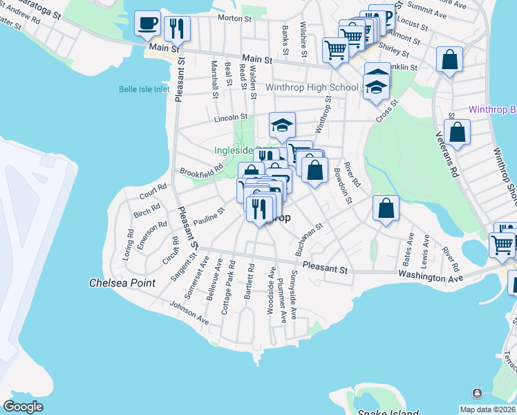 map of restaurants, bars, coffee shops, grocery stores, and more near 21 Somerset Avenue in Winthrop