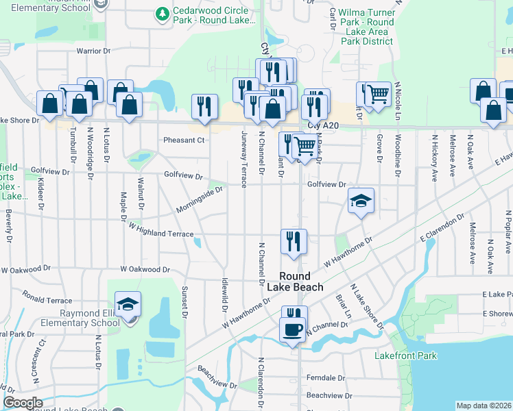 map of restaurants, bars, coffee shops, grocery stores, and more near 1427 North Channel Drive in Round Lake