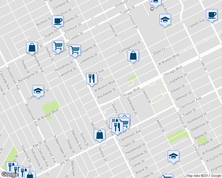 map of restaurants, bars, coffee shops, grocery stores, and more near 3256 Rochester Street in Detroit