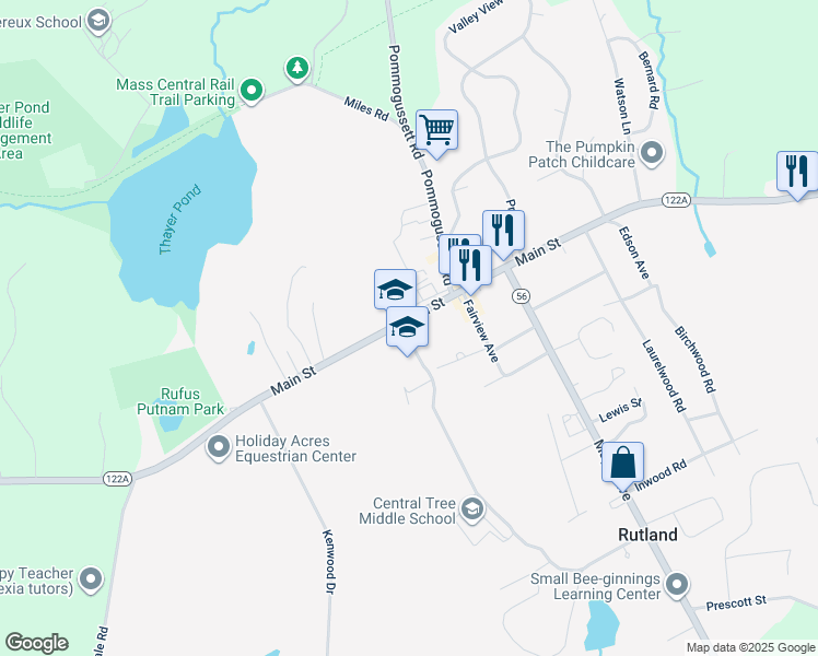 map of restaurants, bars, coffee shops, grocery stores, and more near 279 Main Street in Rutland