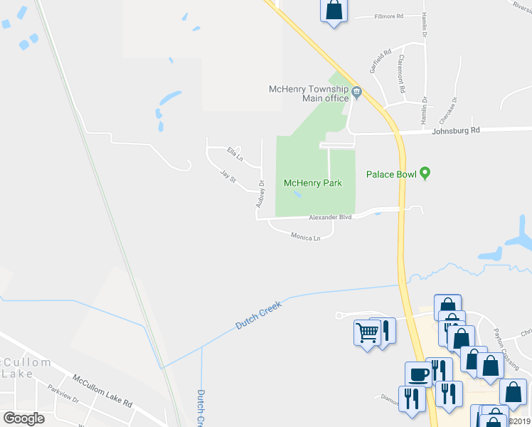 map of restaurants, bars, coffee shops, grocery stores, and more near 3302 Aubrey Drive in Johnsburg
