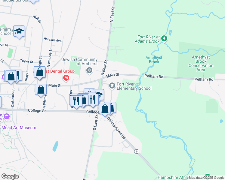 map of restaurants, bars, coffee shops, grocery stores, and more near 70 South East Street in Amherst
