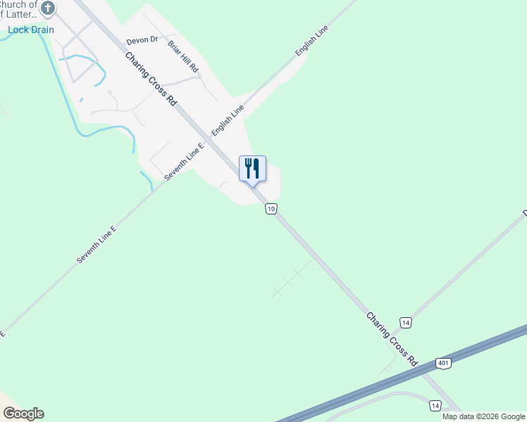 map of restaurants, bars, coffee shops, grocery stores, and more near 22278 Charing Cross Road in Chatham-Kent