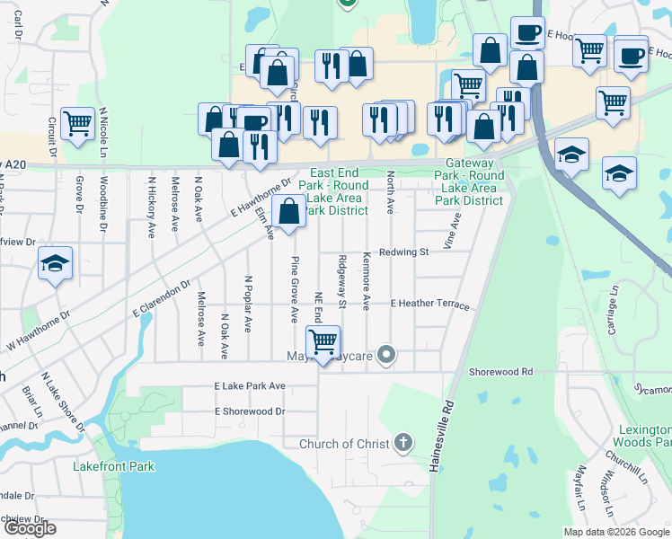 map of restaurants, bars, coffee shops, grocery stores, and more near 1428 Ridgeway Street in Round Lake Beach