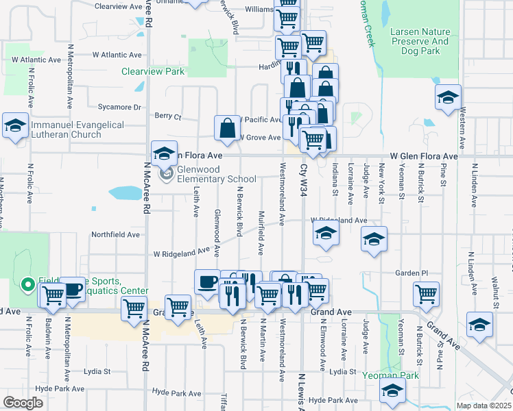 map of restaurants, bars, coffee shops, grocery stores, and more near 1026 Muirfield Avenue in Waukegan