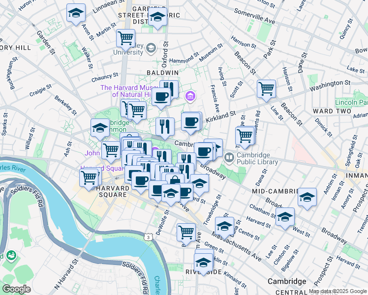 map of restaurants, bars, coffee shops, grocery stores, and more near 491 Broadway in Cambridge