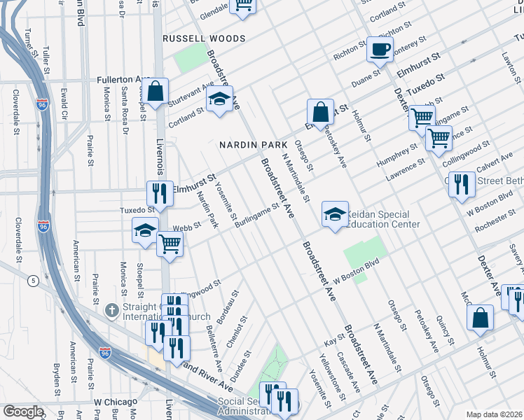 map of restaurants, bars, coffee shops, grocery stores, and more near 11601 Cascade Avenue in Detroit
