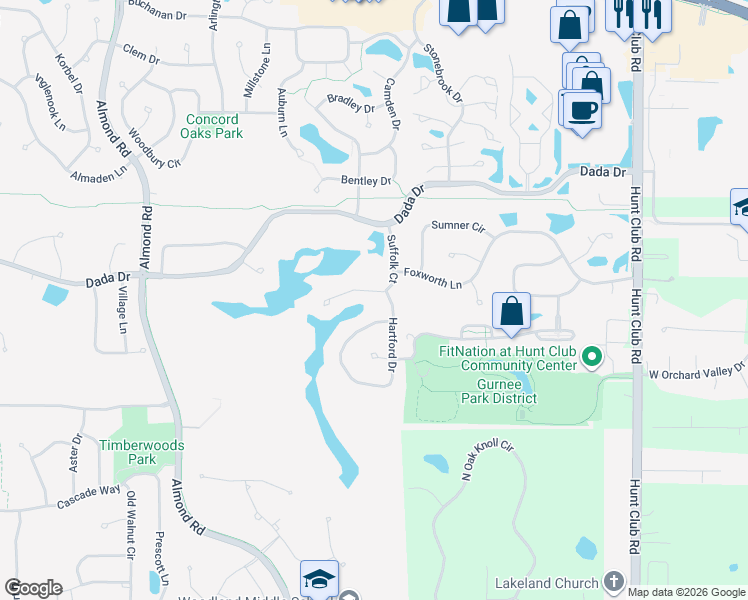 map of restaurants, bars, coffee shops, grocery stores, and more near 1087 Suffolk Court in Gurnee