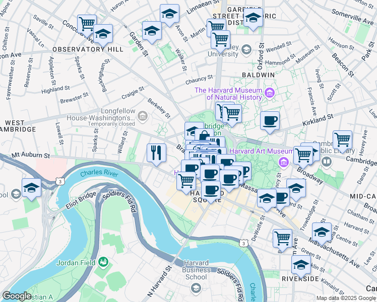 map of restaurants, bars, coffee shops, grocery stores, and more near 69 Brattle Street in Cambridge