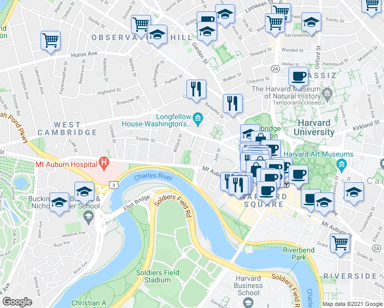 map of restaurants, bars, coffee shops, grocery stores, and more near 16 Longfellow Park in Cambridge