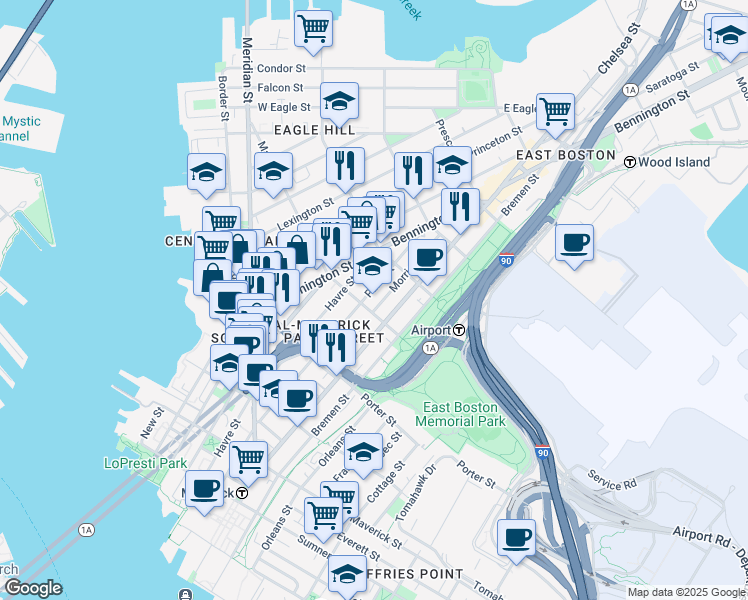 map of restaurants, bars, coffee shops, grocery stores, and more near 218 Marion Street in Boston
