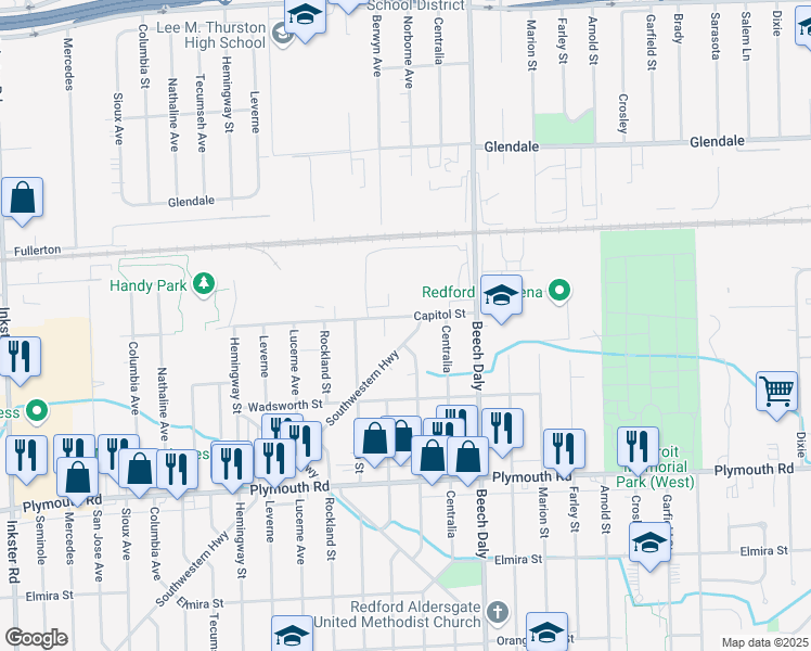 map of restaurants, bars, coffee shops, grocery stores, and more near 25974 Southwestern Highway in Redford Charter Township