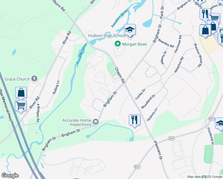 map of restaurants, bars, coffee shops, grocery stores, and more near 111 Brigham Street in Hudson