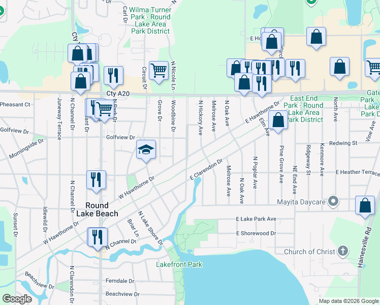 map of restaurants, bars, coffee shops, grocery stores, and more near 15 East Hawthorne Drive in Round Lake Beach