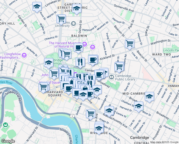 map of restaurants, bars, coffee shops, grocery stores, and more near 491 Broadway in Cambridge
