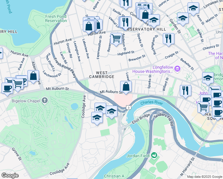 map of restaurants, bars, coffee shops, grocery stores, and more near 341 Mount Auburn Street in Cambridge