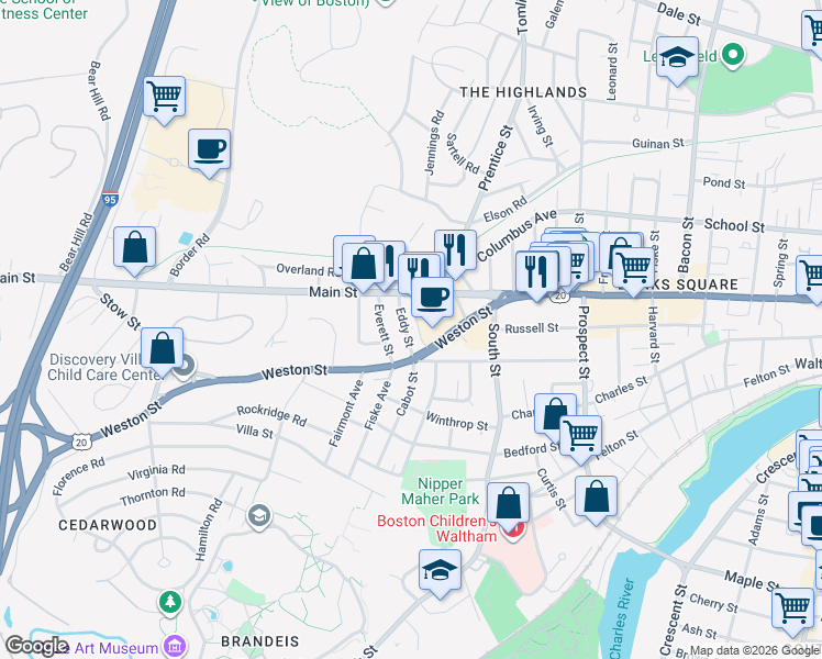 map of restaurants, bars, coffee shops, grocery stores, and more near 19 Eddy Street in Waltham