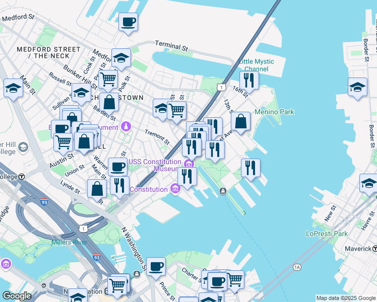 map of restaurants, bars, coffee shops, grocery stores, and more near 32 1st Avenue in Boston