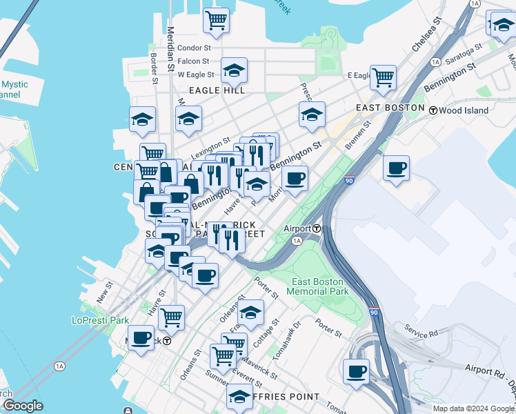 map of restaurants, bars, coffee shops, grocery stores, and more near 218 Marion Street in Boston
