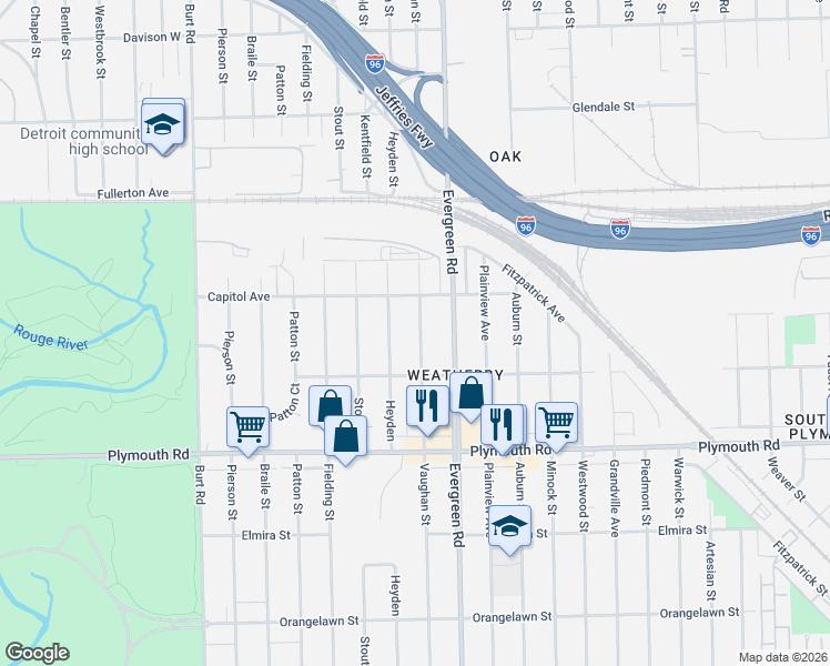 map of restaurants, bars, coffee shops, grocery stores, and more near 12061 Vaughan Street in Detroit