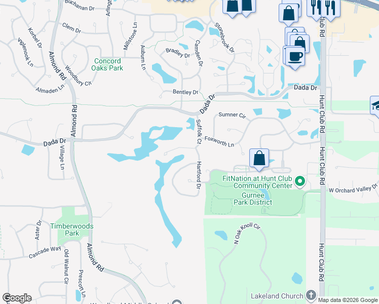 map of restaurants, bars, coffee shops, grocery stores, and more near 1087 Suffolk Court in Gurnee