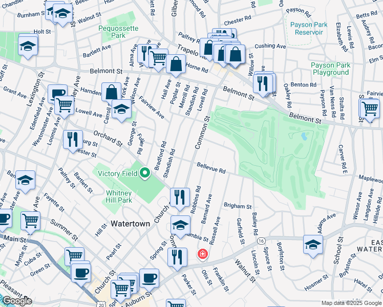 map of restaurants, bars, coffee shops, grocery stores, and more near 170 Bellevue Road in Watertown