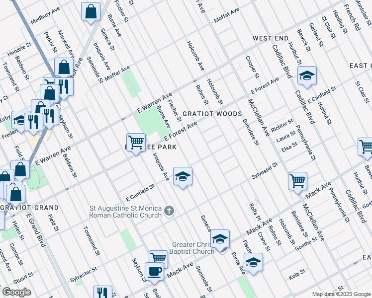 map of restaurants, bars, coffee shops, grocery stores, and more near 4450 Burns Avenue in Detroit