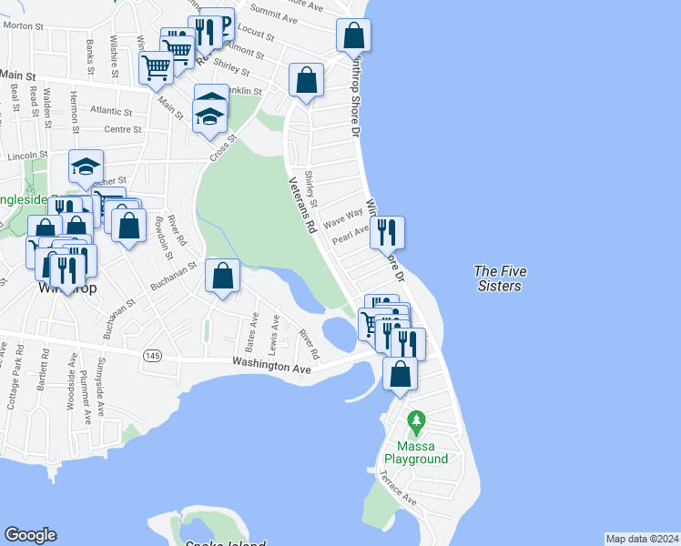 map of restaurants, bars, coffee shops, grocery stores, and more near 359 Shirley Street in Winthrop