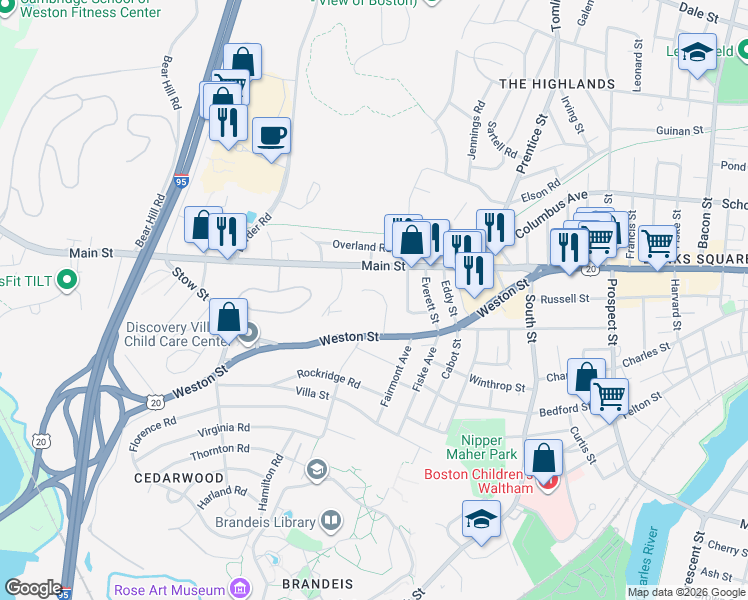 map of restaurants, bars, coffee shops, grocery stores, and more near in Waltham