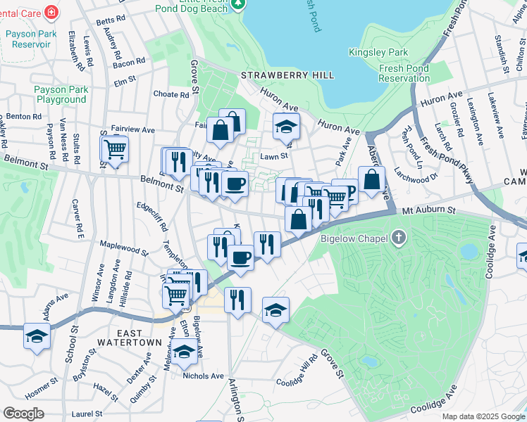 map of restaurants, bars, coffee shops, grocery stores, and more near 95 Belmont Street in Cambridge